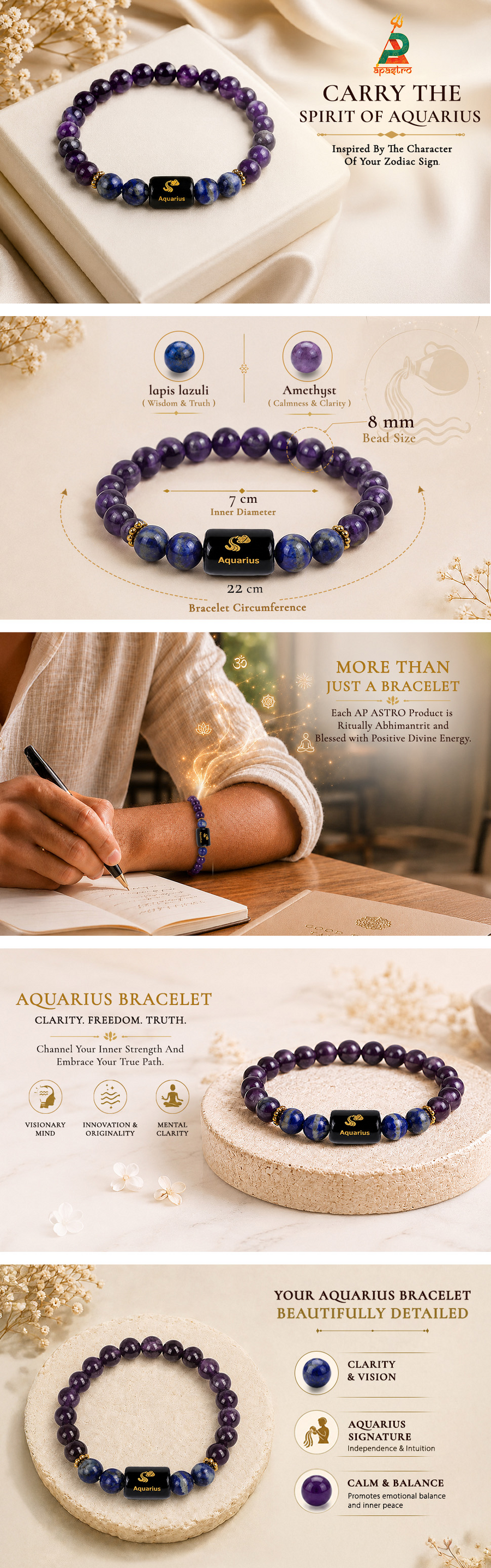 Aquarius Zodiac Amethyst & Hematite Bracelet — detail 1