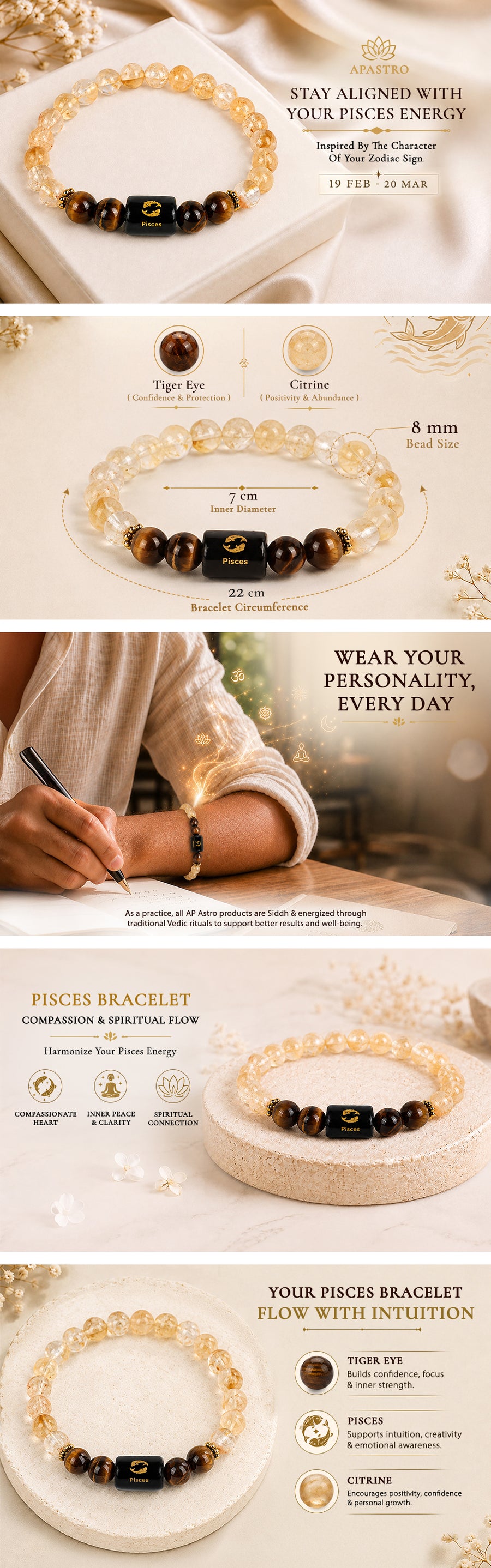 Pisces Zodiac Citrine & Tiger Eye Bracelet — detail 1