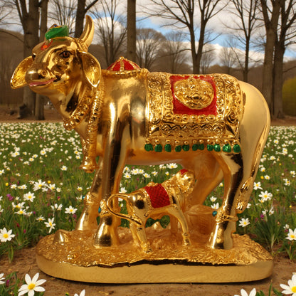 Kamdhenu Cow with Calf |  Gold Plated