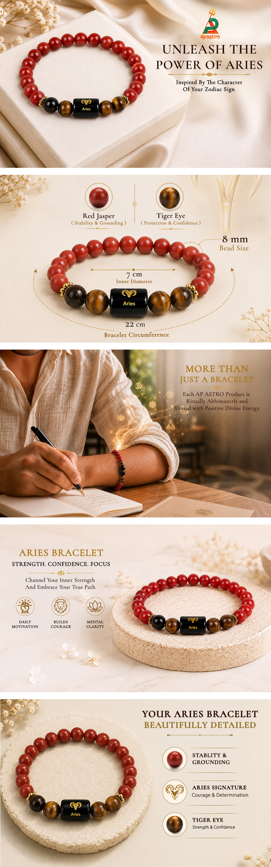 Aries Zodiac Red Jasper & Tiger Eye Bracelet — detail 1