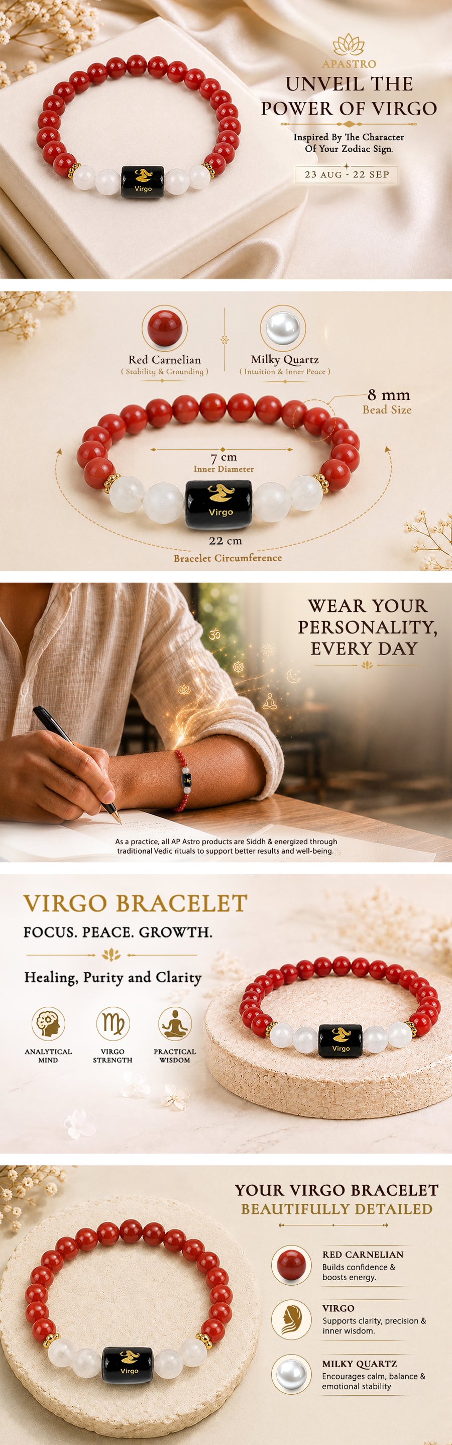 Virgo Carnelian & Milky Quartz Bracelet — detail 1