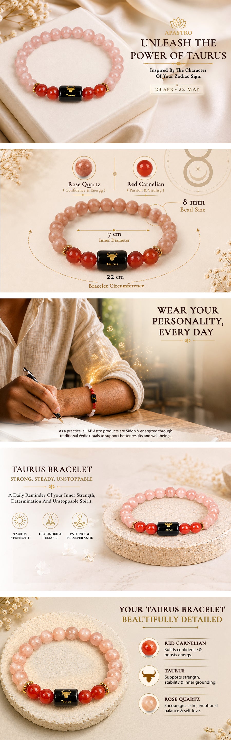 Taurus Zodiac Sunstone & Carnelian Bracelet — detail 1